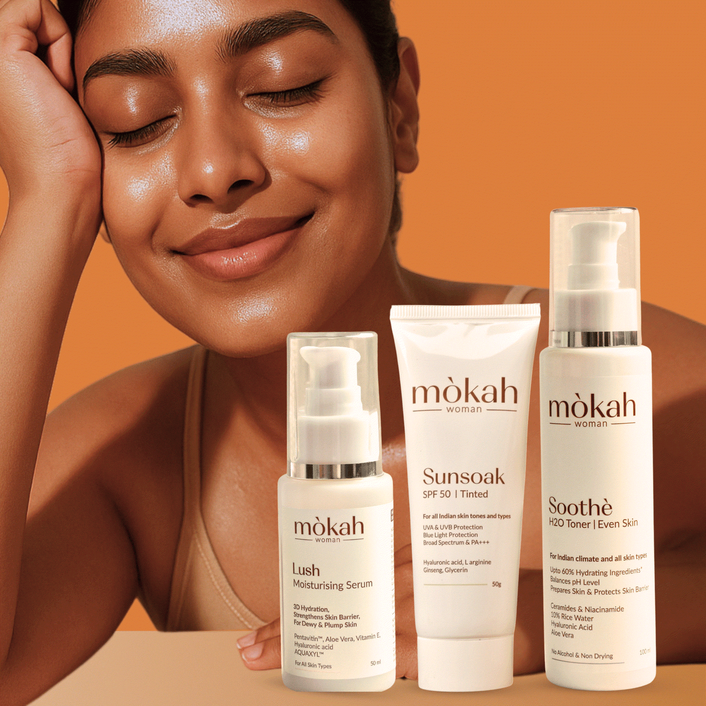 Mòkah Tropical Trio with Sunsoak SPF 50 Tinted Sunscreen, Lush Moisturizing Serum, and Soothè Toner; skin hydration and protection products.