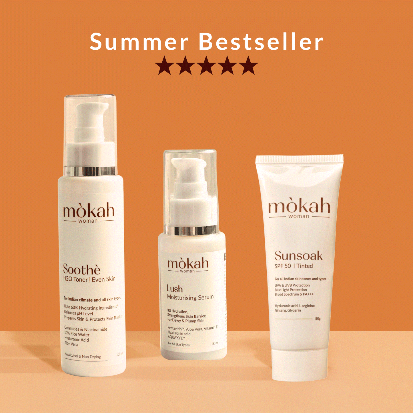 Mòkah Tropical Trio featuring Sunsoak SPF 50 Tinted Sunscreen, Soothè H2O Toner, and Lush Moisturizing Serum; summer skincare essentials.
