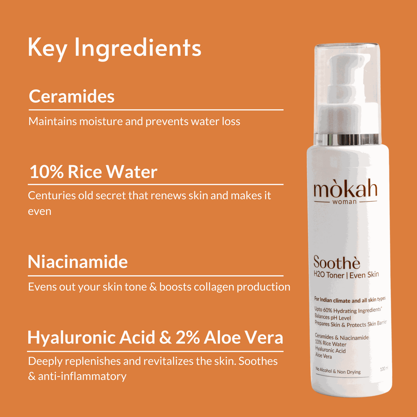 Mòkah Soothè H2O Toner bottle with key ingredients: Ceramides, 10% Rice Water, Niacinamide, Hyaluronic Acid, and Aloe Vera.