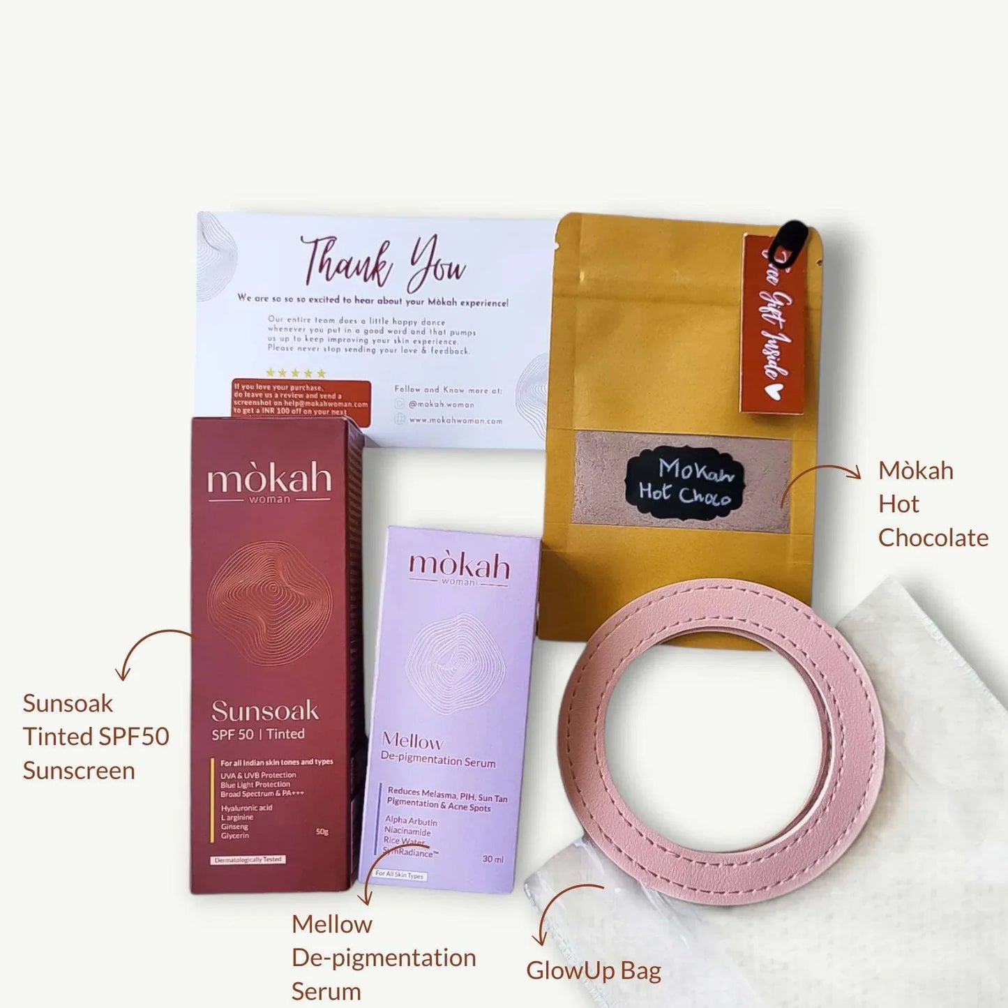 Mòkah Bestseller Duo with Mellow Serum, Sunsoak SPF50, Hot Chocolate, and GlowUp Bag.