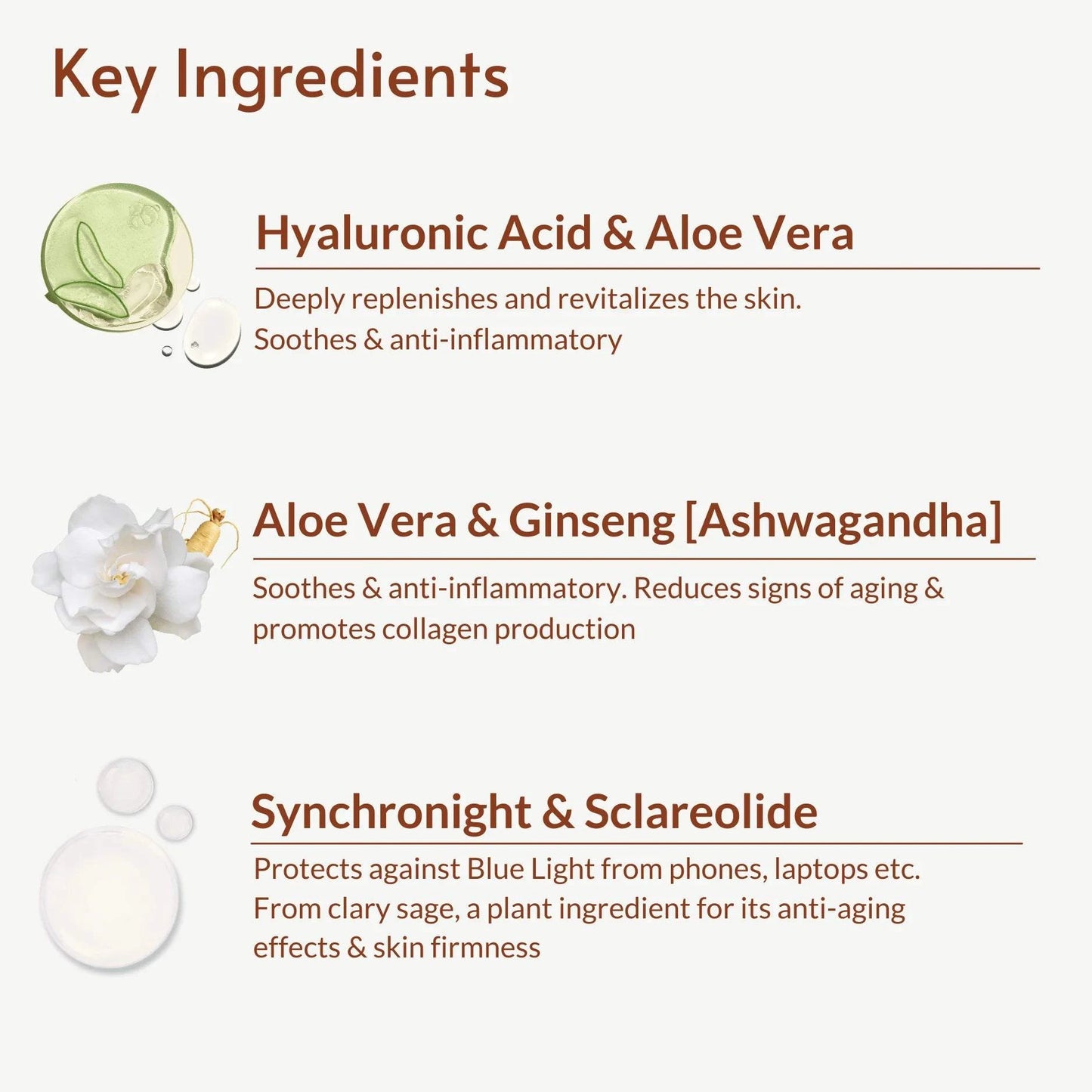 Key ingredients list for Mòkah Skin Love Duo including Hyaluronic Acid, Aloe Vera, Ginseng, Synchronight, and Sclareolide with benefits highlighted.