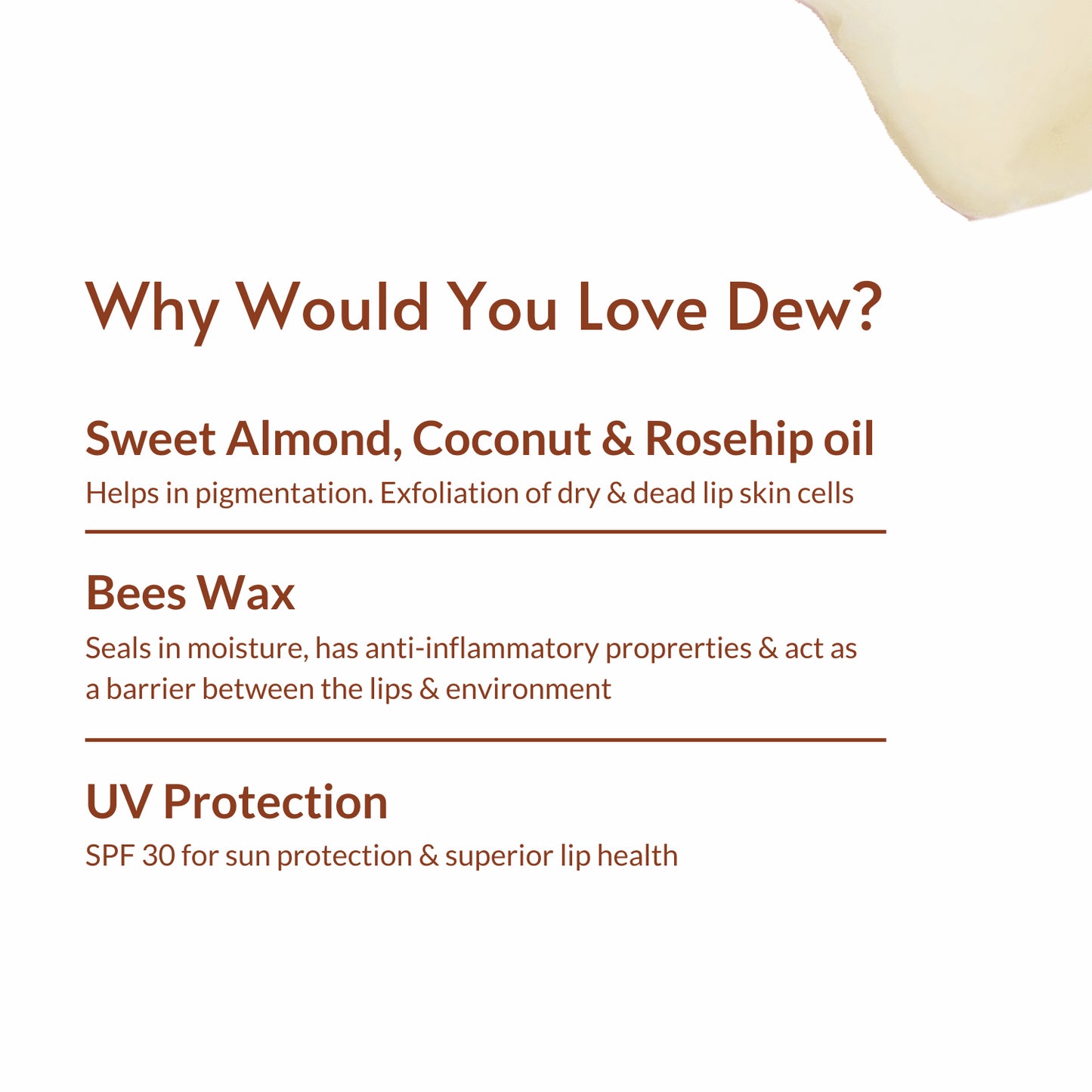 Dew Non-Tinted Lip Balm with SPF 30, pack of 2, featuring natural oils and beeswax, vegan, cruelty-free, reduces pigmentation, sun protection.