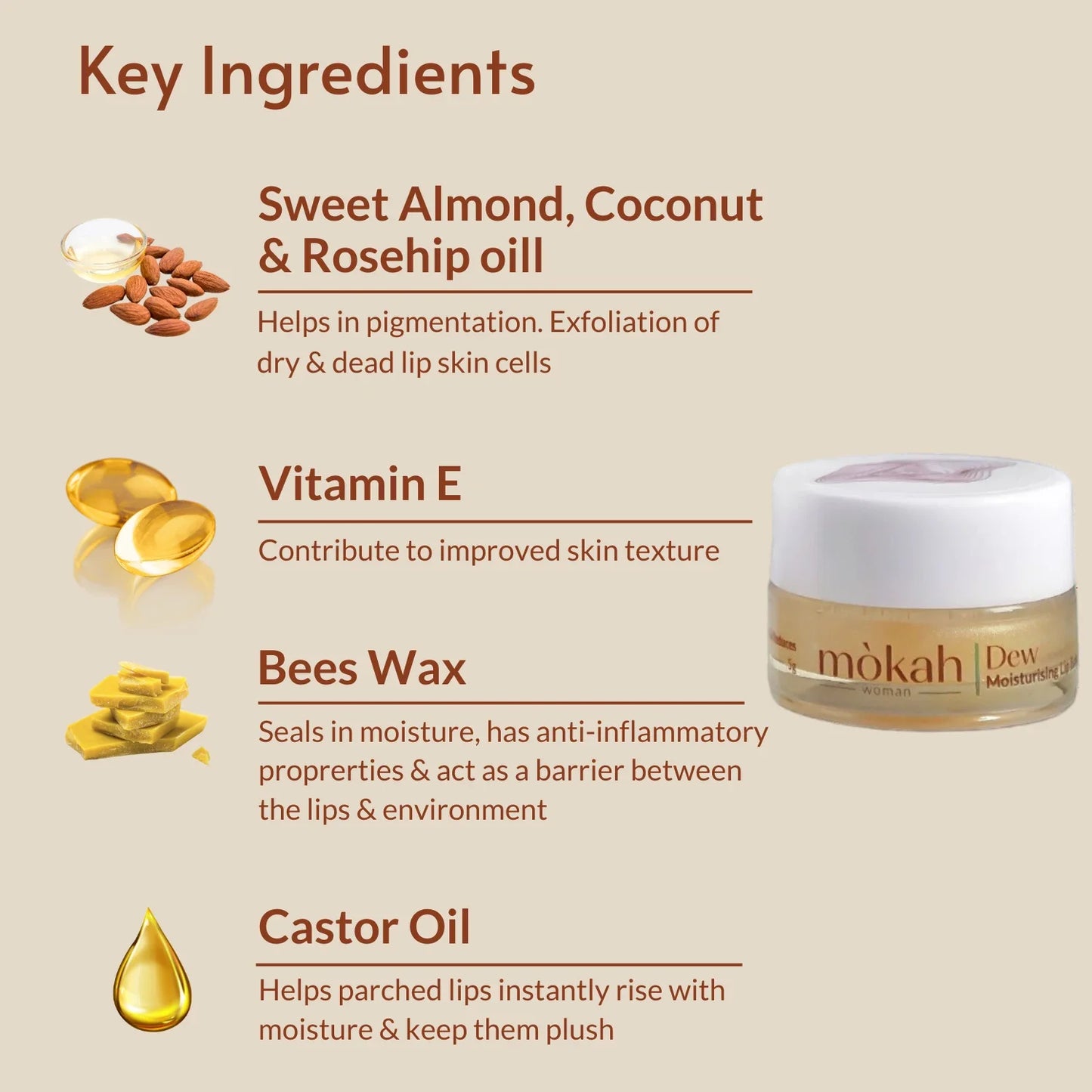 Dew Non-Tinted Lip Balm with SPF 30, pack of 2, featuring sweet almond, coconut, and rosehip oil, vitamin E, beeswax, and castor oil for lip protection and reduced pigmentation.