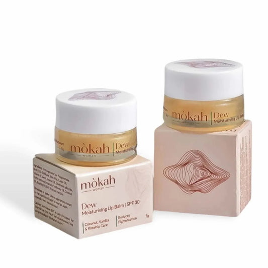 Dew Non-Tinted Lip Balm with SPF 30, pack of 2, moisturizing with natural oils and beeswax, reduces pigmentation.