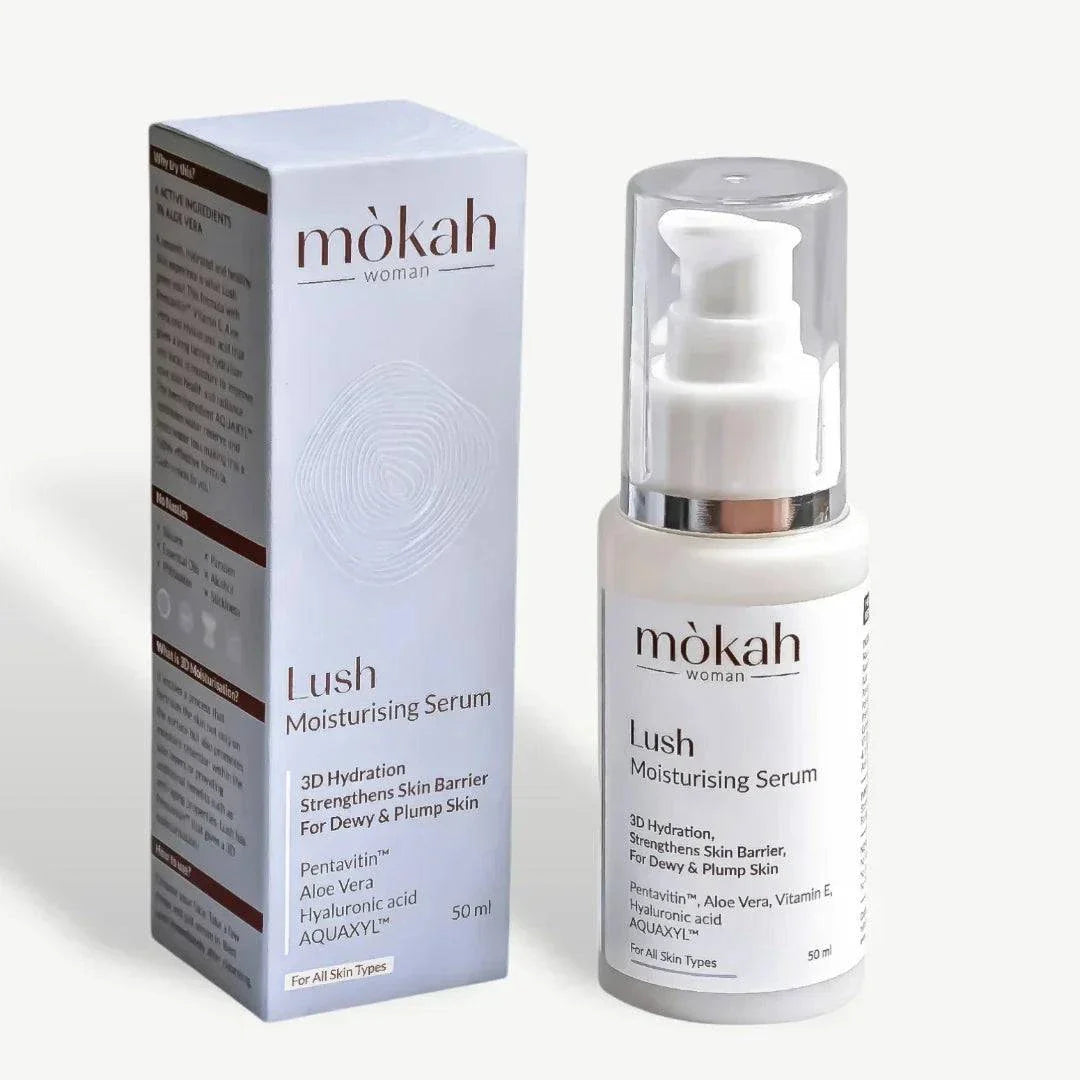 Mòkah Lush Moisturising Serum 50ml with box, featuring hydration benefits, 3D skin barrier support, and key ingredients like Pentavitin™ and Hyaluronic Acid.