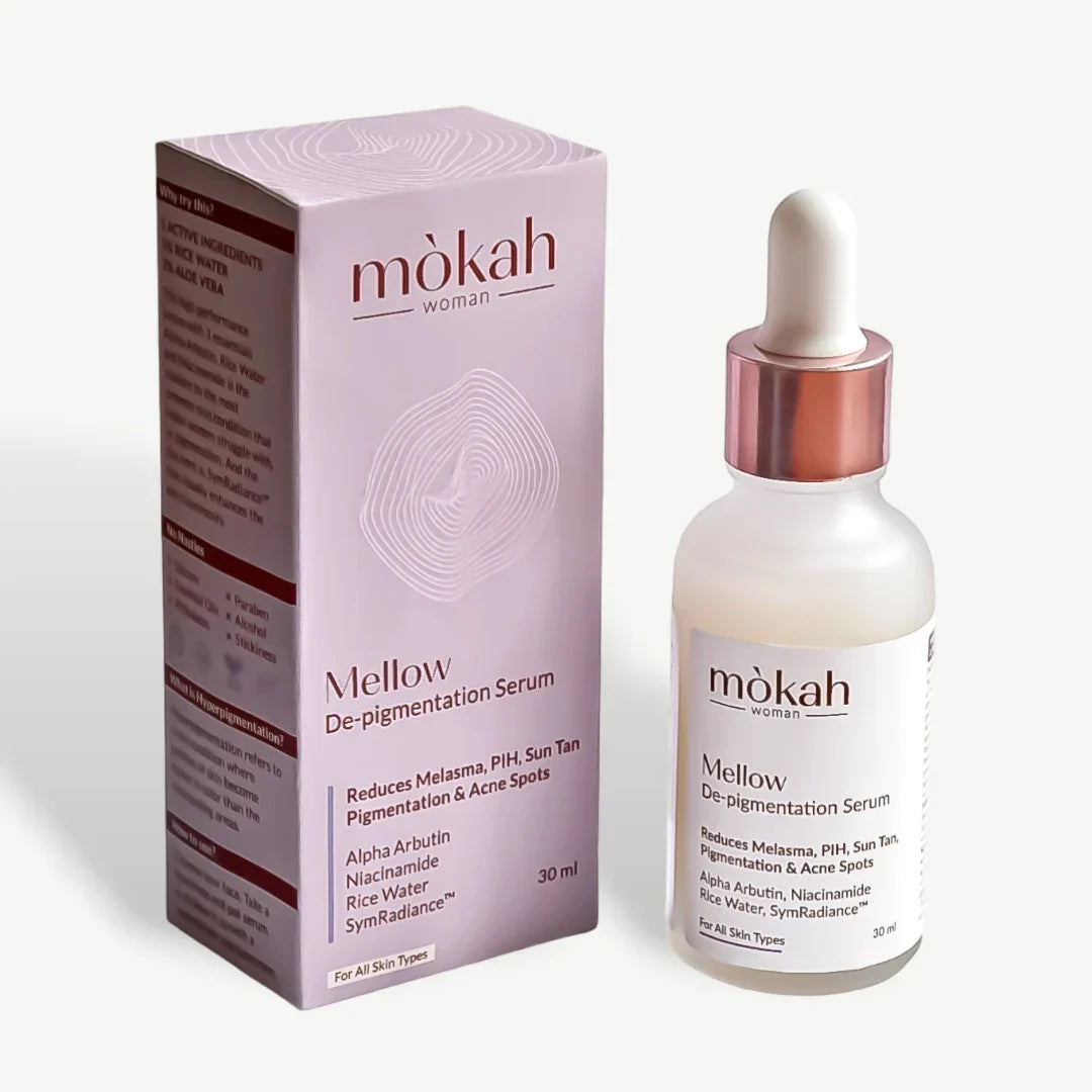 Mòkah Mellow De-pigmentation Serum 30ml bottle and packaging with ingredients listed.