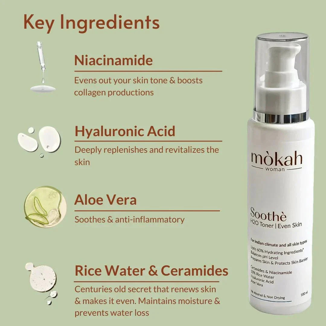 Mòkah Soothè Hydrating Toner 100ml with Niacinamide, Aloe Vera, Rice Water, and Ceramides for hydrated, even skin.