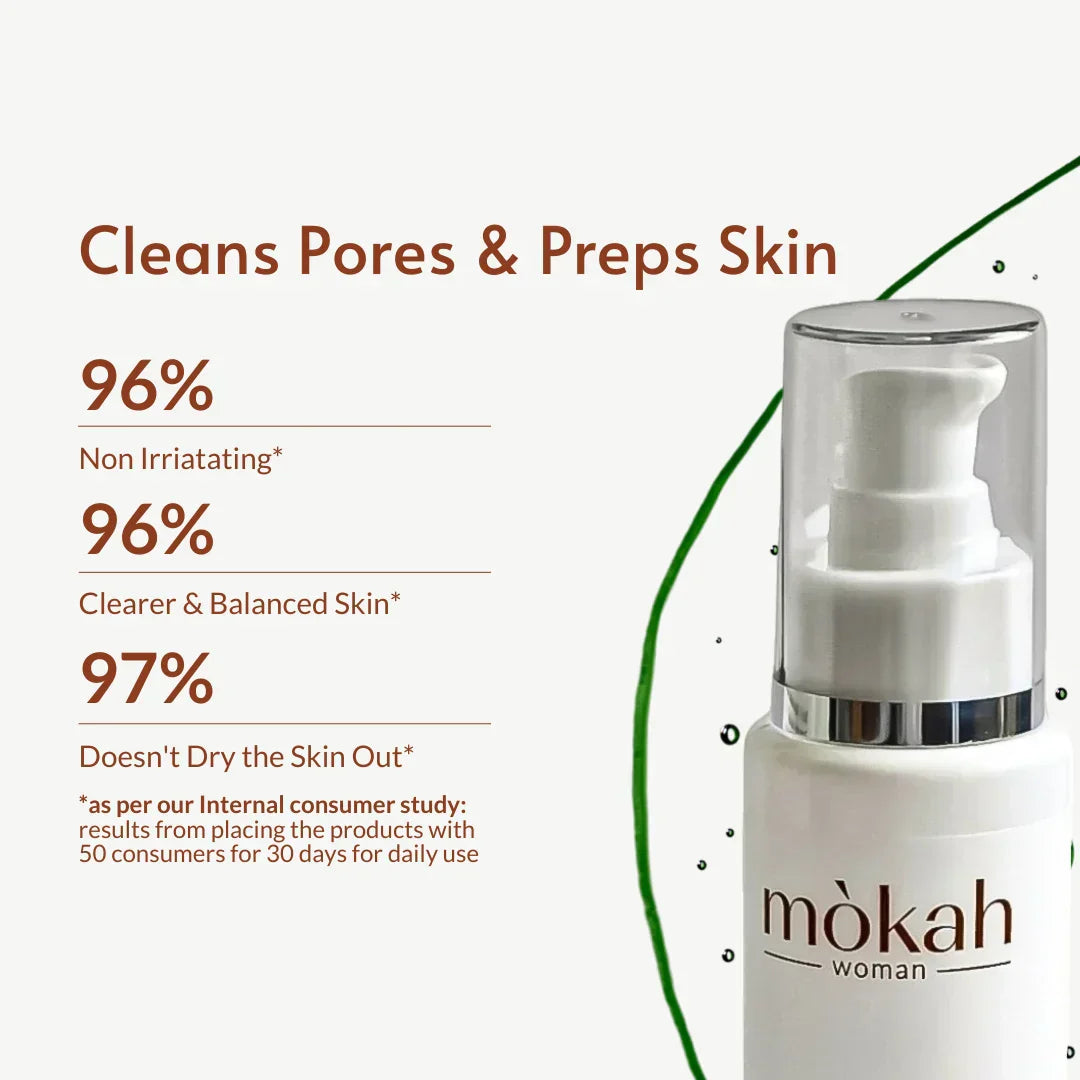 Mòkah Soothè Hydrating Toner 100ml bottle with skin benefits of clearing pores, hydrating, and rebalancing skin pH.