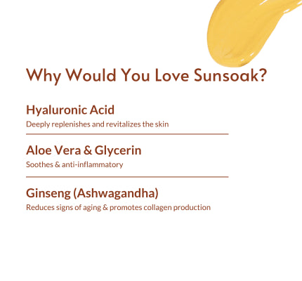 Sunsoak SPF 50 Tinted Sunscreen with Hyaluronic Acid, Aloe Vera, and Ginseng benefits.