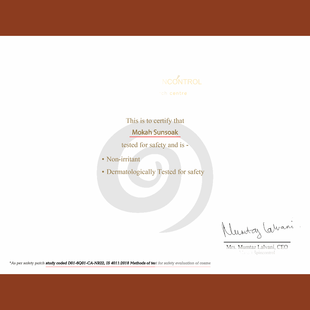 Certificate for Mokah Sunsoak, indicating non-irritant and dermatologically tested safety.