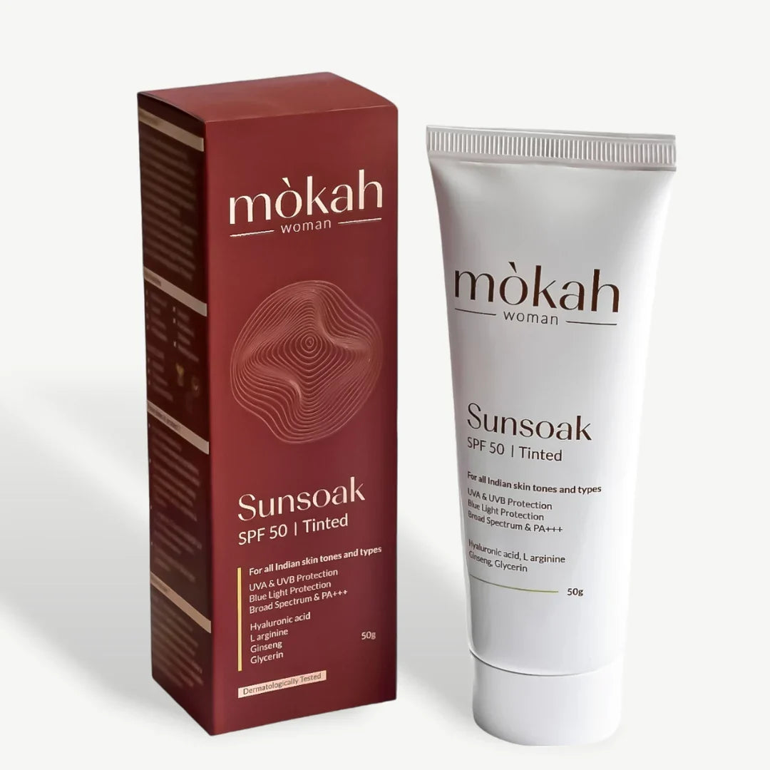 Sunsoak SPF 50 tinted sunscreen with hydrating hyaluronic acid and aloe vera, broad-spectrum UV and blue light protection, suitable for all skin types, no white cast.