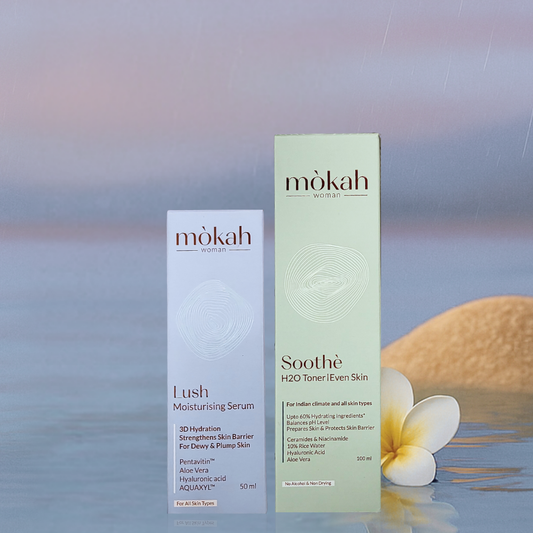 Mòkah Lush Moisturising Serum and Soothè Hydrating Toner with flower backdrop.