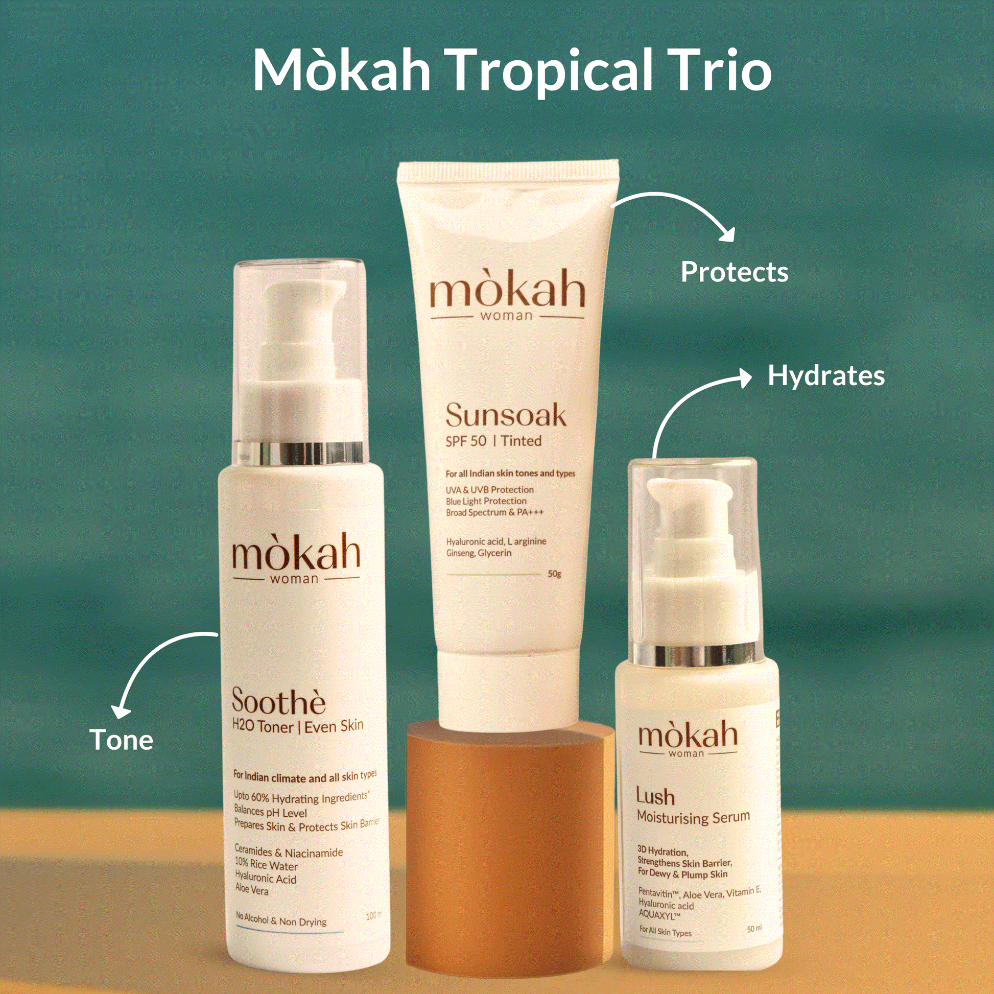 Mòkah Tropical Trio with Sunsoak SPF 50 Tinted Sunscreen, Soothè Toner, and Lush Moisturising Serum for tone, hydrate, and protect.