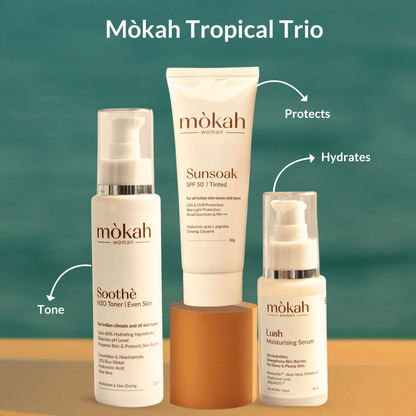 Mòkah Tropical Trio with Sunsoak SPF 50 Tinted Sunscreen, Soothè Toner, and Lush Moisturising Serum for tone, hydrate, and protect.