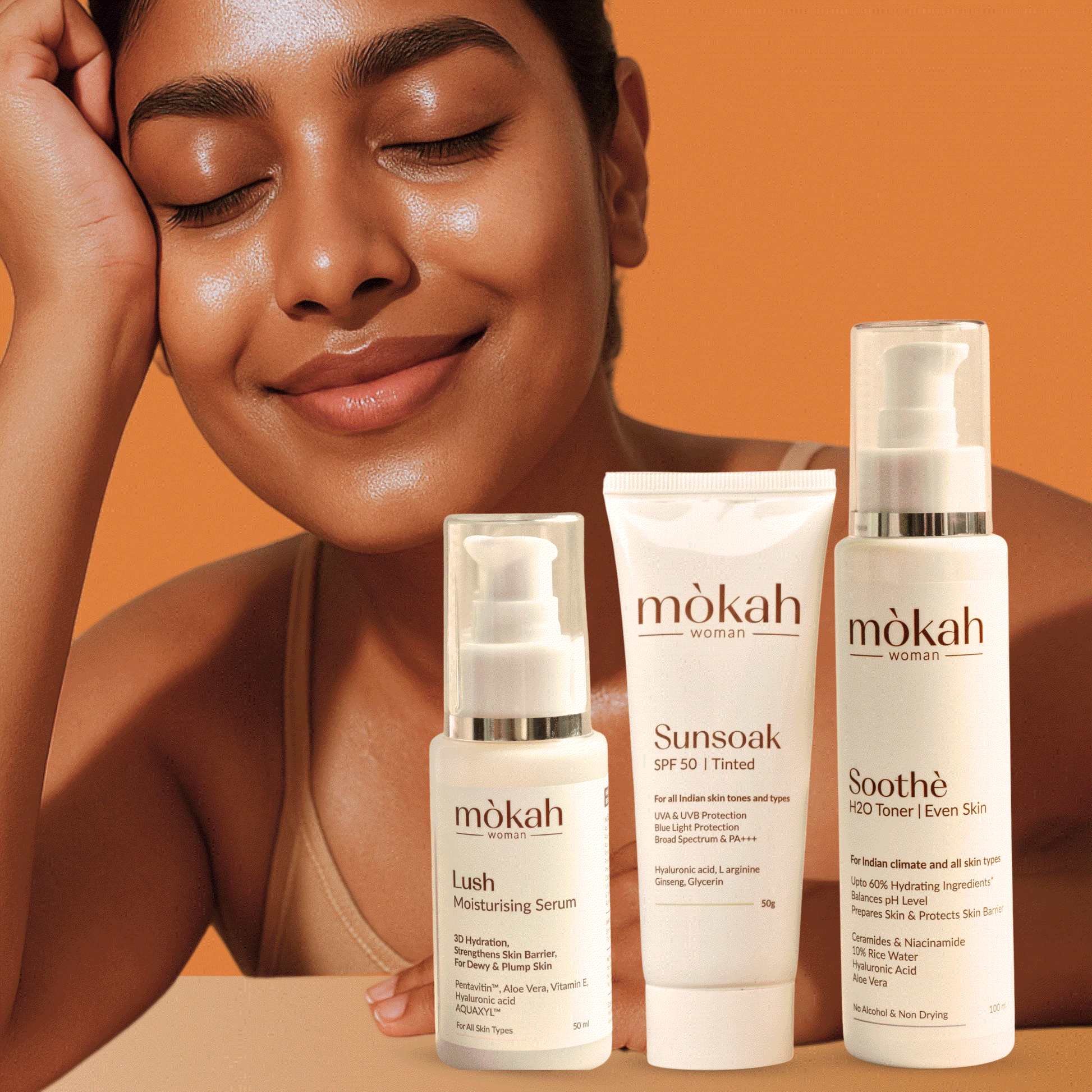 Mòkah Tropical Trio with Sunsoak SPF 50 Tinted Sunscreen, Lush Moisturizing Serum, and Soothè Toner; skin hydration and protection products.