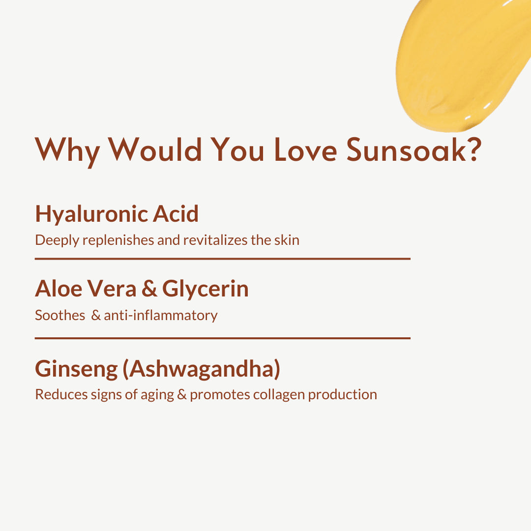 Sunsoak SPF 50 tinted sunscreen with hyaluronic acid, aloe vera, and ginseng for hydrating, anti-aging, broad-spectrum UV and blue light protection.