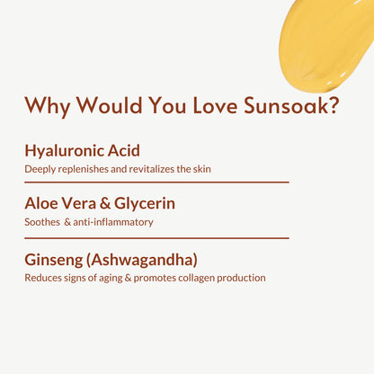 Sunsoak SPF 50 tinted sunscreen with hyaluronic acid, aloe vera, and ginseng for hydrating, anti-aging, broad-spectrum UV and blue light protection.