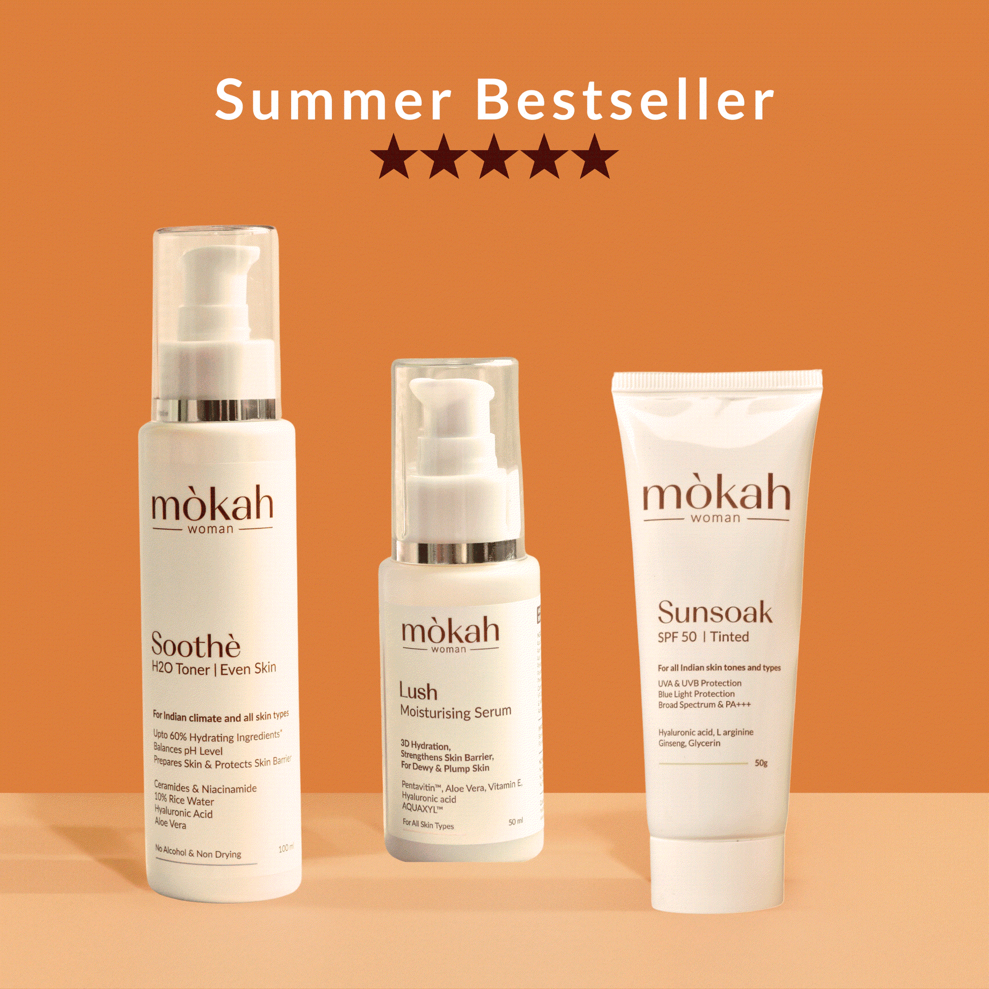 Mòkah Tropical Trio featuring Sunsoak SPF 50 Tinted Sunscreen, Soothè H2O Toner, and Lush Moisturizing Serum; summer skincare essentials.