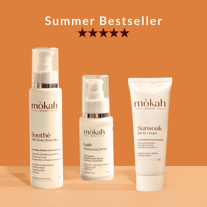 Mòkah Tropical Trio featuring Sunsoak SPF 50 Tinted Sunscreen, Soothè H2O Toner, and Lush Moisturizing Serum; summer skincare essentials.