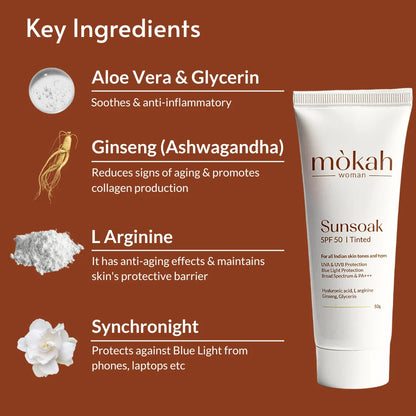 Sunsoak SPF 50 Tinted Sunscreen with Aloe Vera, Ginseng, L Arginine, and Synchronight for broad-spectrum UV and blue light protection, hydrating and anti-aging benefits.