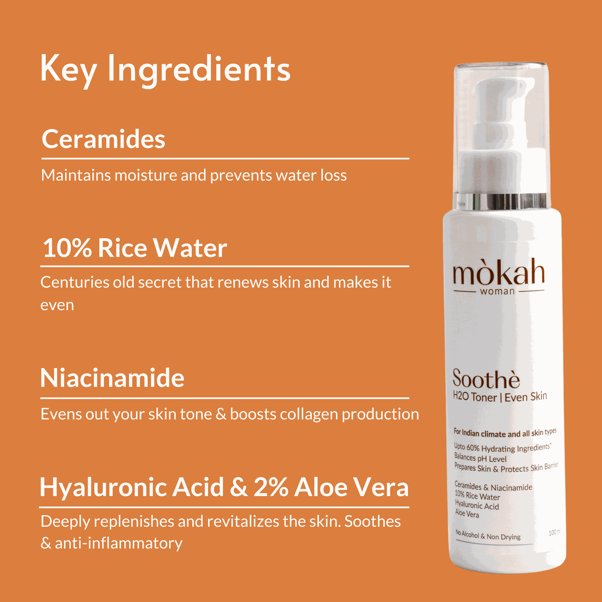 Mòkah Soothè H2O Toner bottle with key ingredients: Ceramides, 10% Rice Water, Niacinamide, Hyaluronic Acid, and Aloe Vera.