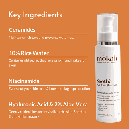Mòkah Soothè H2O Toner bottle with key ingredients: Ceramides, 10% Rice Water, Niacinamide, Hyaluronic Acid, and Aloe Vera.