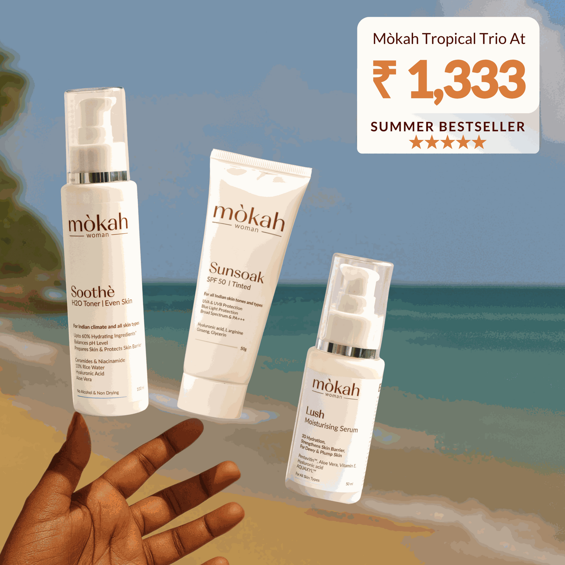 Mòkah Tropical Trio with Sunsoak SPF 50 Tinted Sunscreen, Soothè Toner, and Lush Serum, featured against a beach background, summer bestseller at ₹1,333.