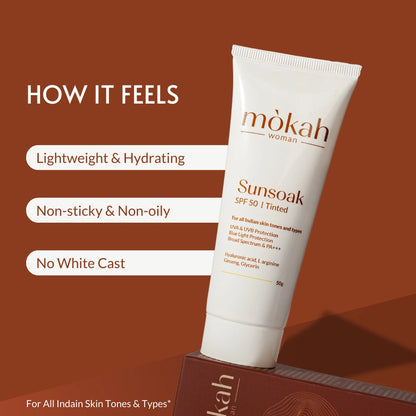 Sunsoak SPF 50 PA++++ Tinted Sunscreen 50g |  Hyaluronic Acid & Aloe Vera